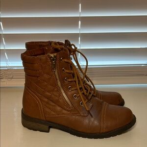 Brown Quilted Lace-Up Ankle Boots